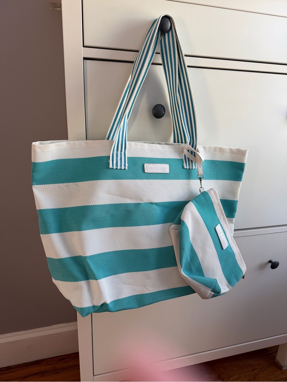 Striped Teal and White  Tote with Matching Pouch